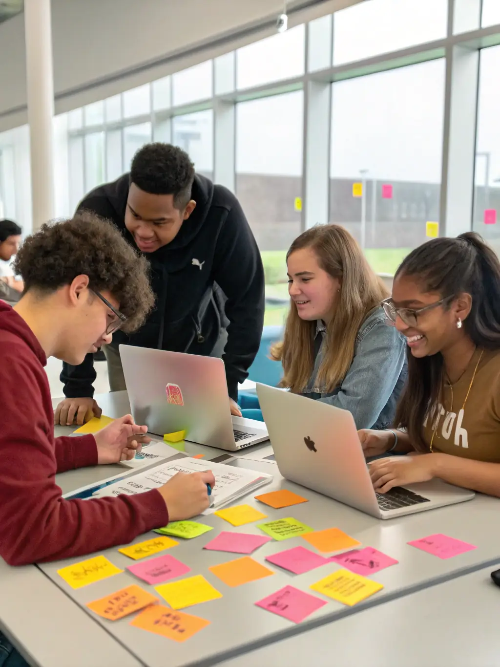 A group of students collaborating on a web development project, showcasing teamwork and practical application of skills learned in the courses.