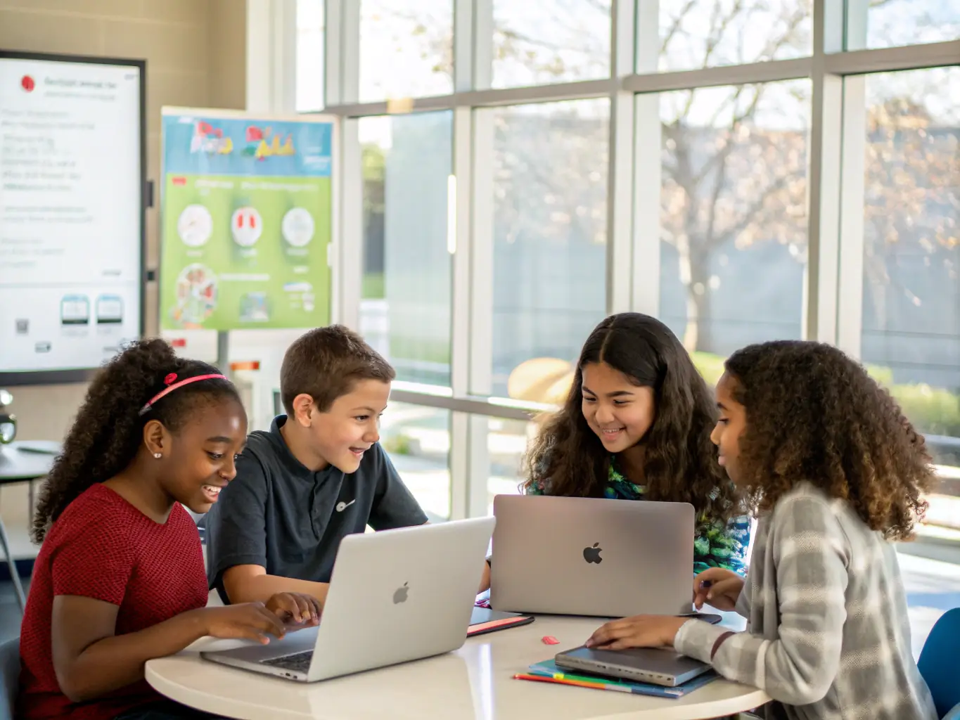 A diverse group of students collaborating on a web development project in a modern classroom setting, reflecting the collaborative learning environment at CodePulse.